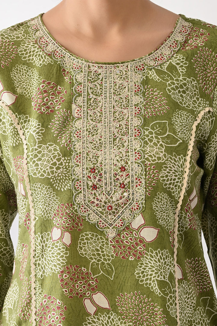 Green Printed Kurta Set (3 Piece)