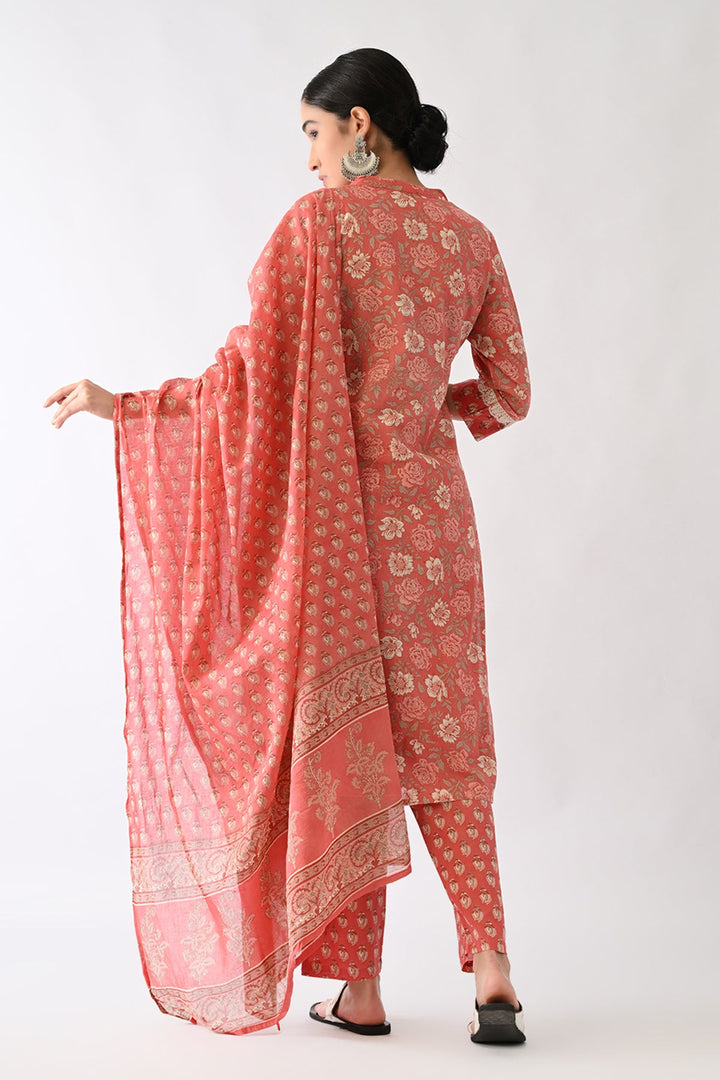 Peach Pink Printed Kurta Set(3 Piece)