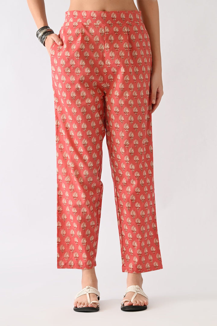 Peach Pink Printed Kurta Set(3 Piece)