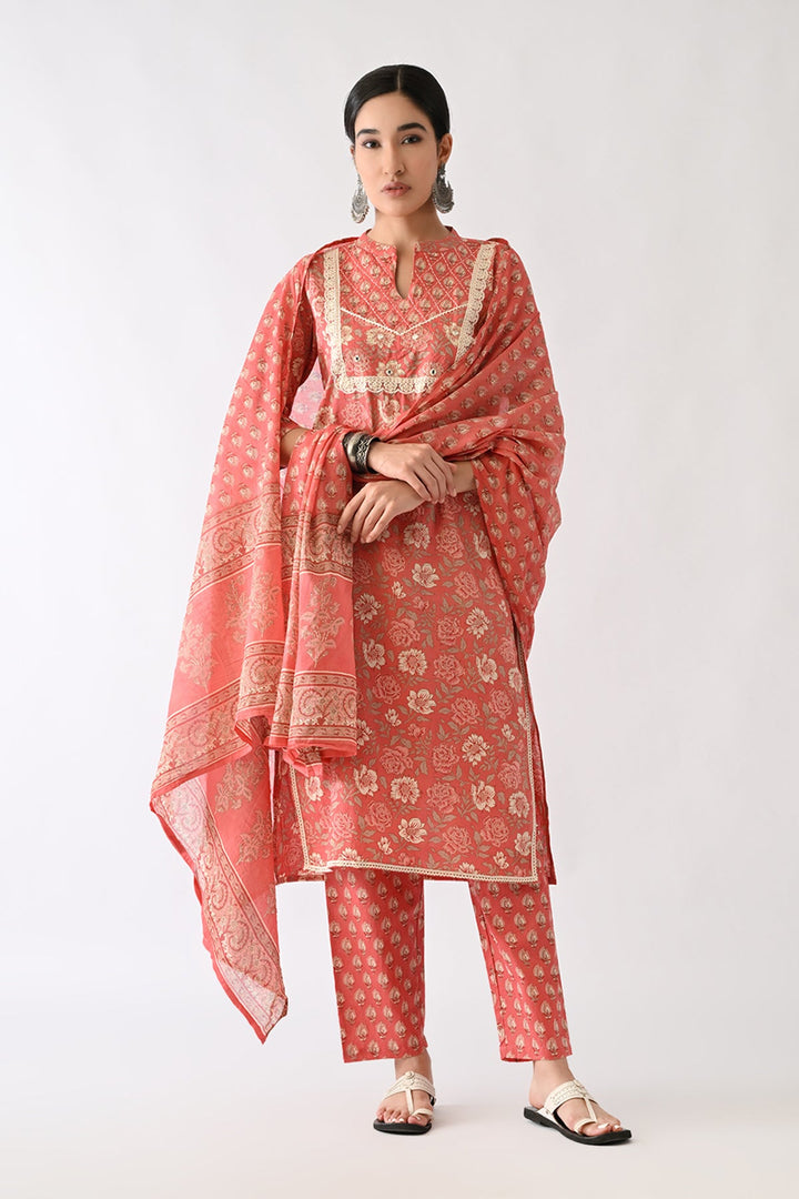 Peach Pink Printed Kurta Set(3 Piece)