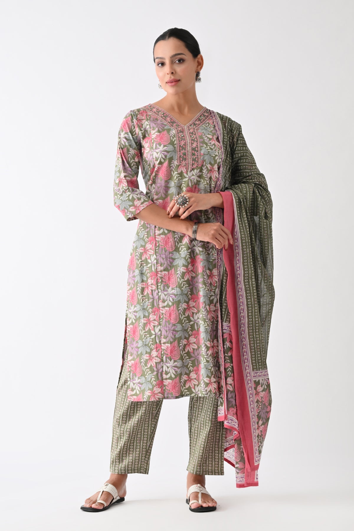Green Printed Kurta 3 Pcs Set