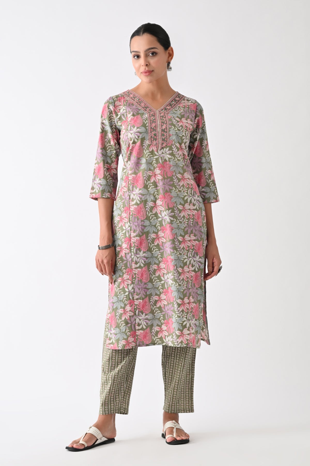 Green Printed Kurta 3 Pcs Set