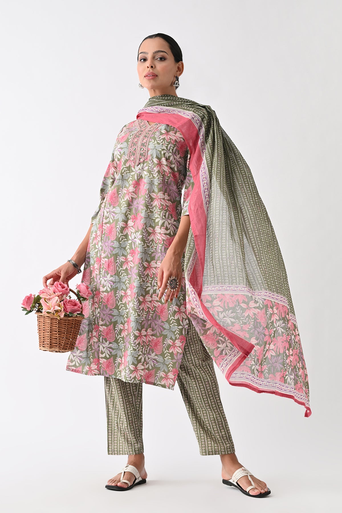 Green Printed Kurta 3 Pcs Set