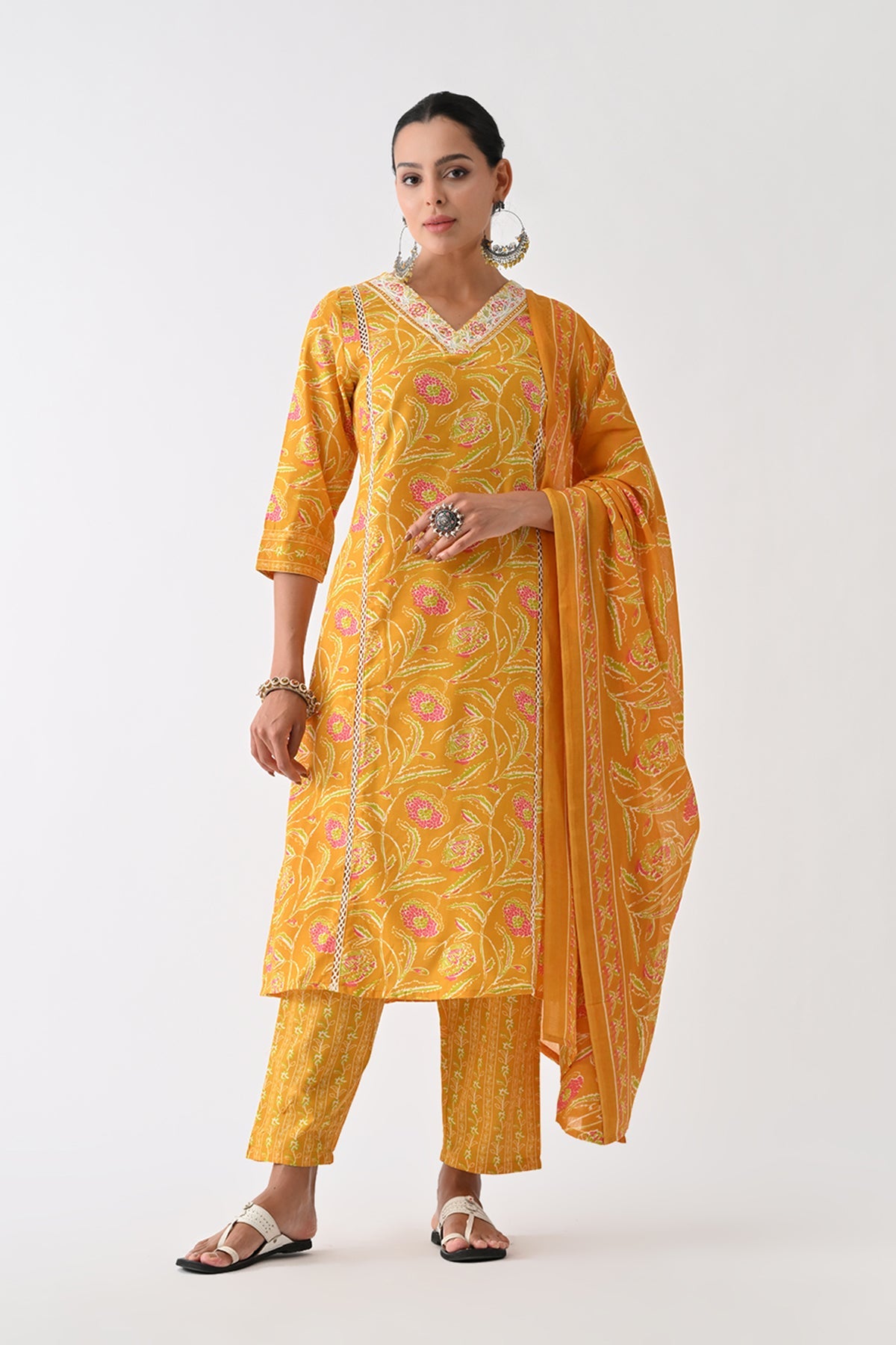 Yellow Floral Printed Kurta 3 Pcs Set