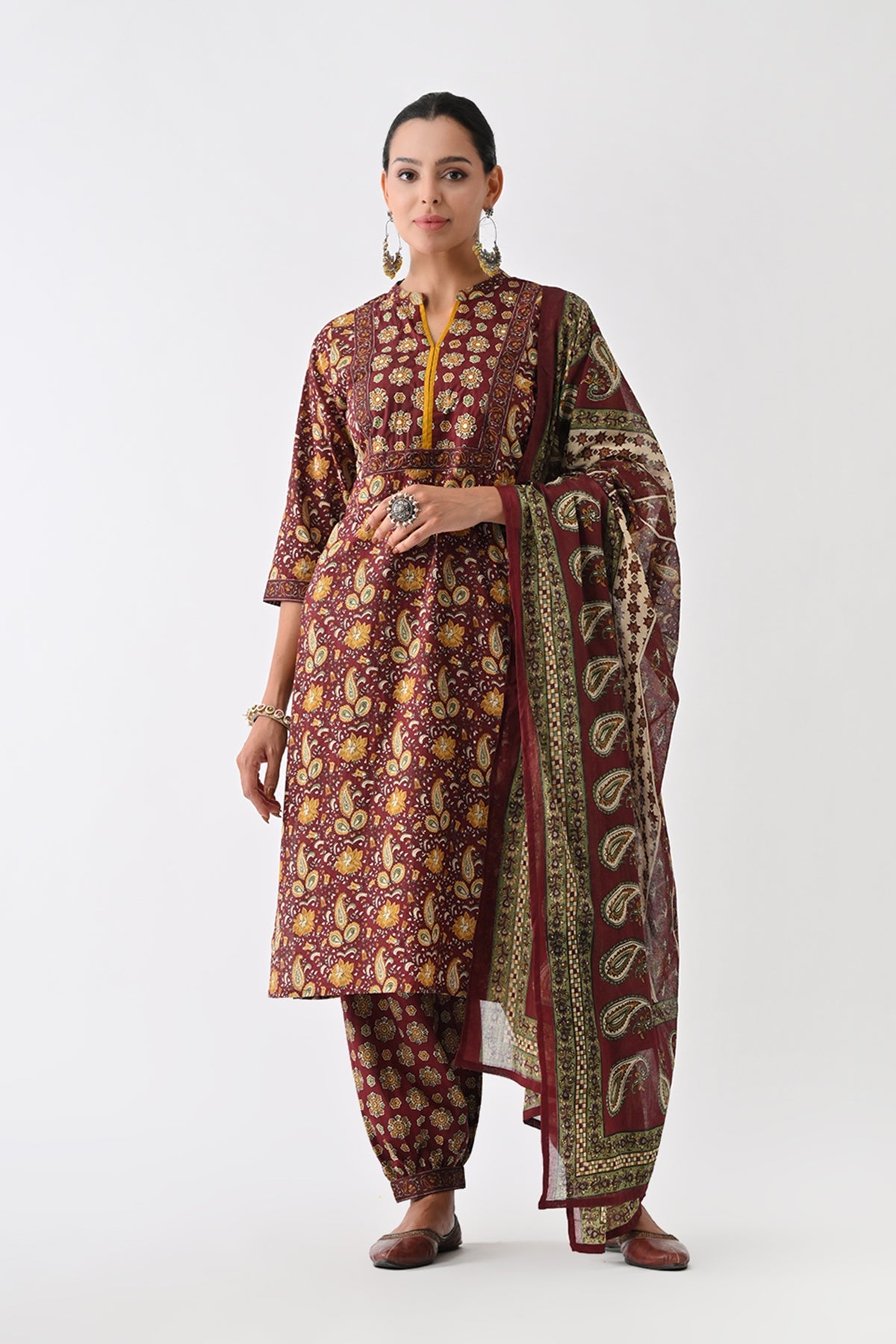 Rust Paisley Printed Kurta 3 Pcs Set