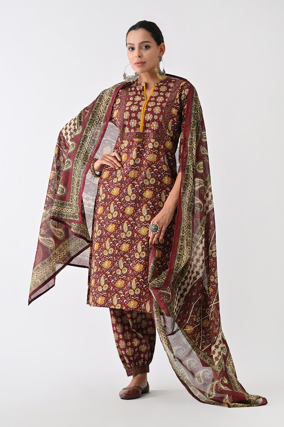 Rust Paisley Printed Kurta 3 Pcs Set