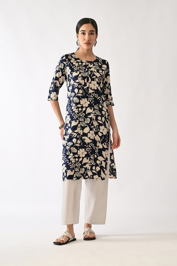 Navy Blue Printed Kurta