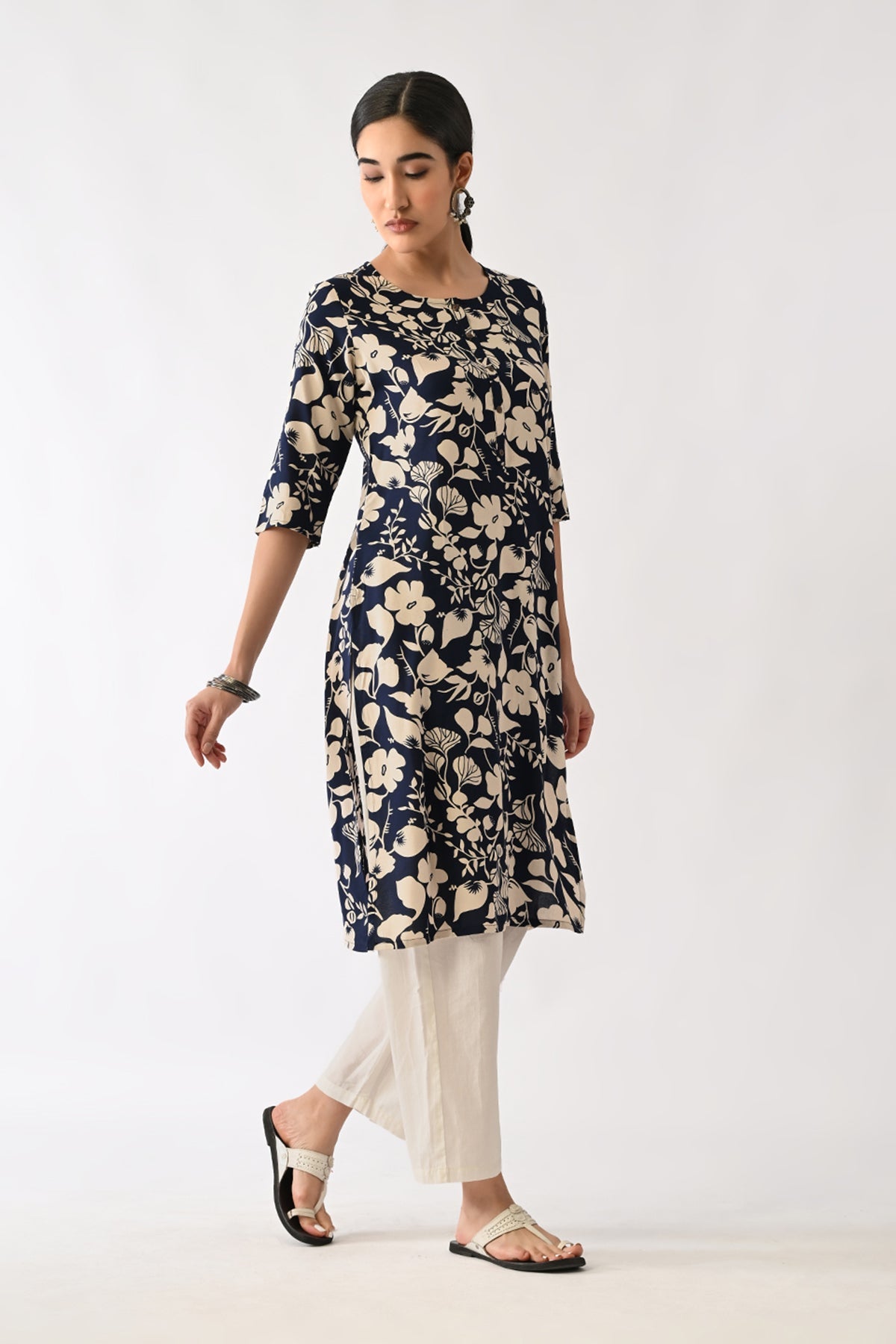 Navy Blue Printed Kurta