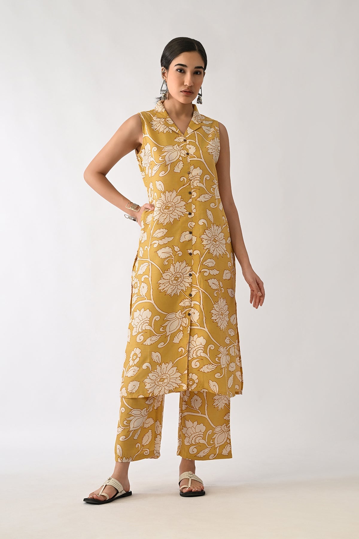 Yellow Printed A-line Kurta Set(2 Piece)