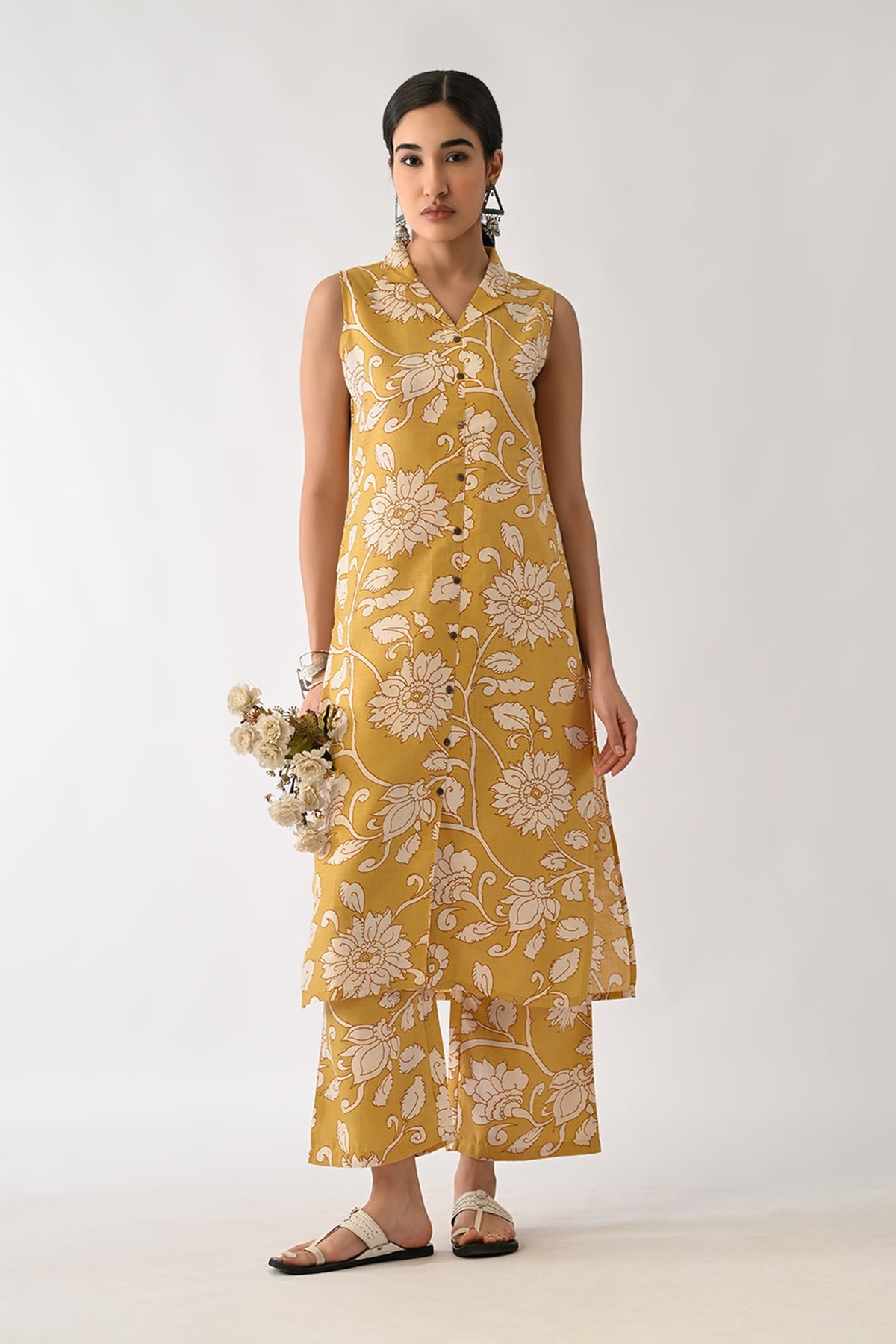 Yellow Printed A-line Kurta Set(2 Piece)