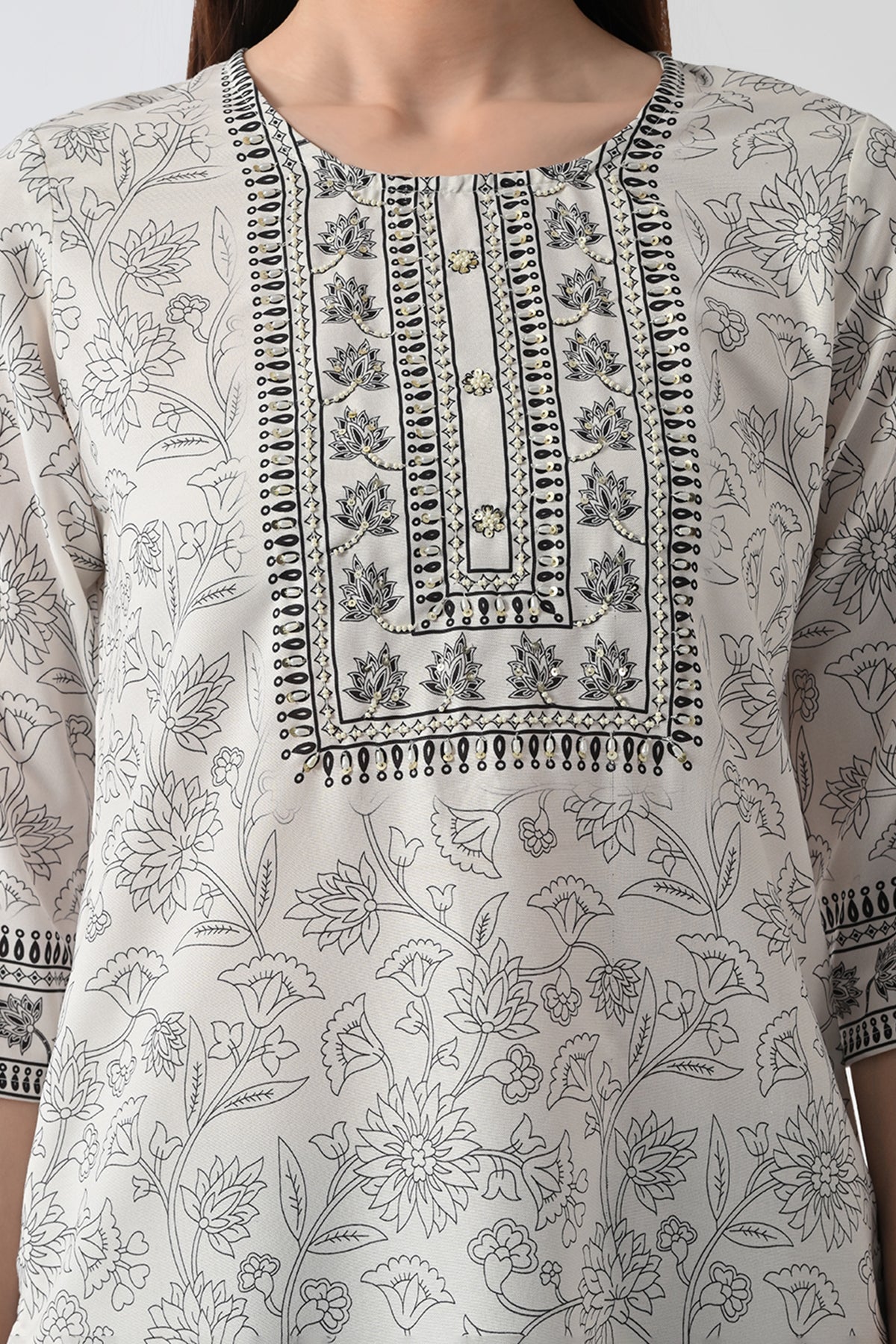 Cream Printed Kurta Set(3 Piece)