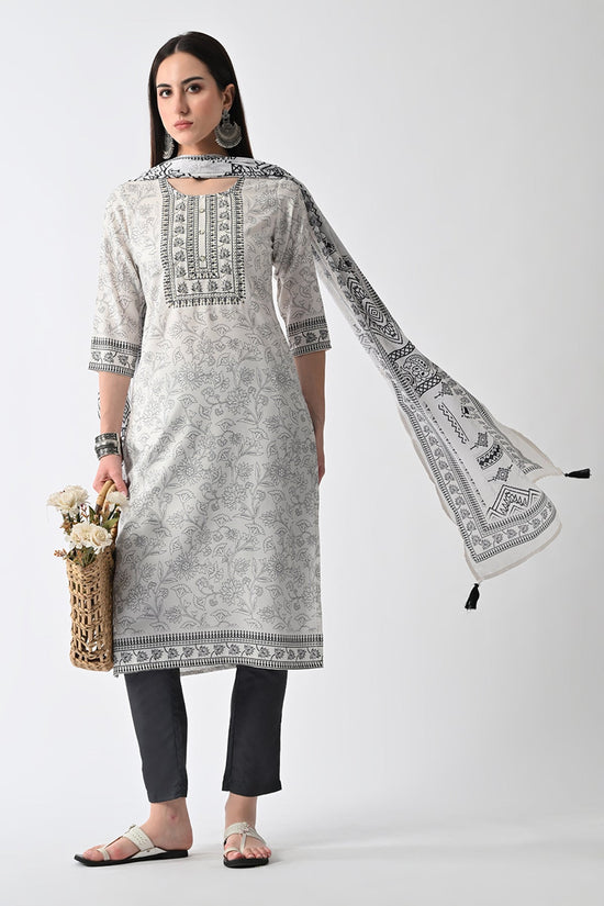 Cream Printed Kurta Set(3 Piece)