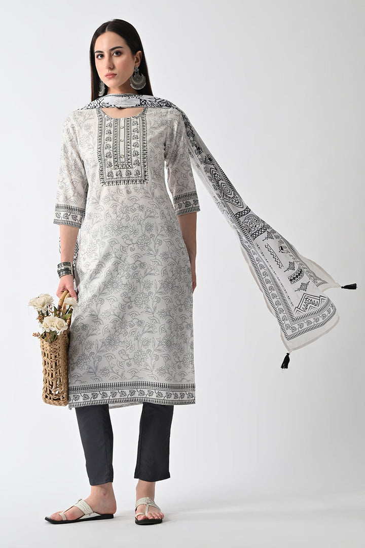 Cream Printed Kurta Set(3 Piece)
