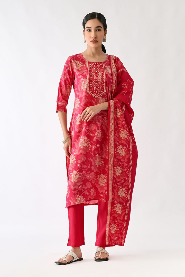 Pink Printed Kurta Set(3 Piece)