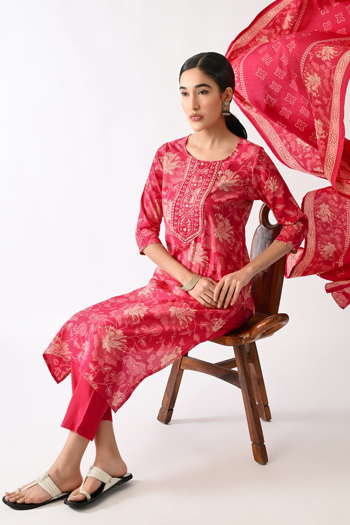 Pink Printed Kurta Set(3 Piece)