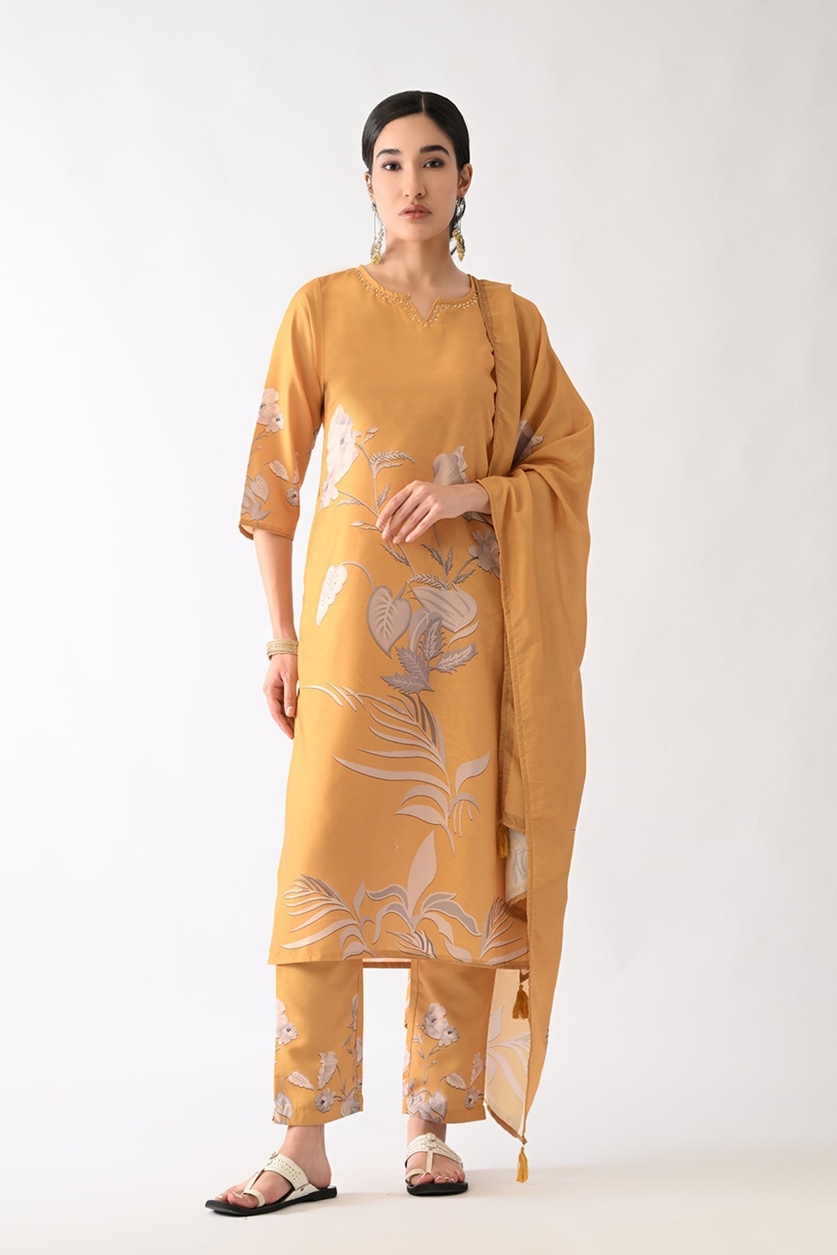 Mustard Printed Kurta 3 Pcs Set