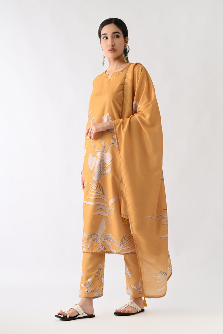 Mustard Printed Kurta Set(3 Piece)