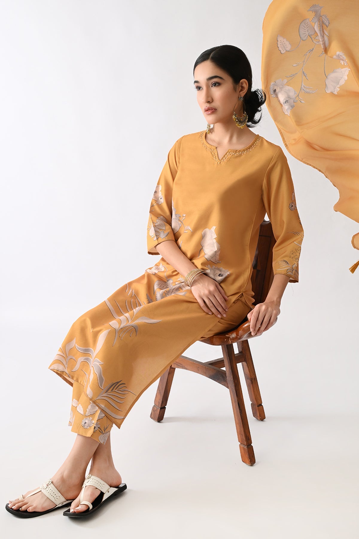 Mustard Printed Kurta 3 Pcs Set