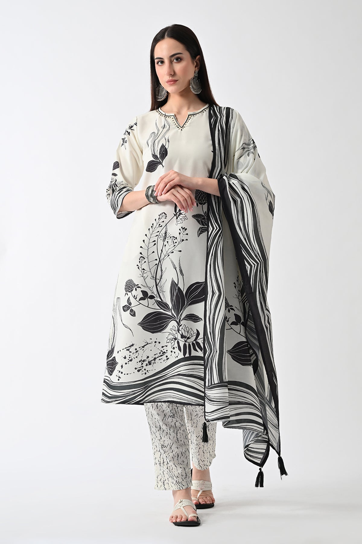 Cream Printed Kurta 3 Pcs Set