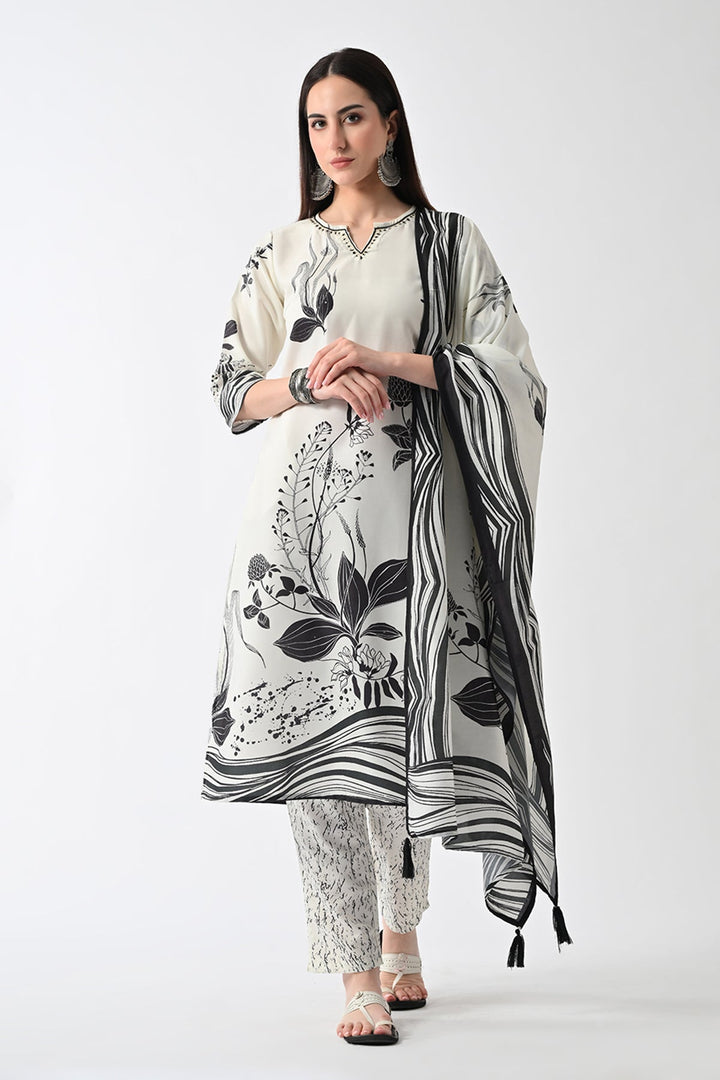 Cream Printed Kurta Set(3 Piece)