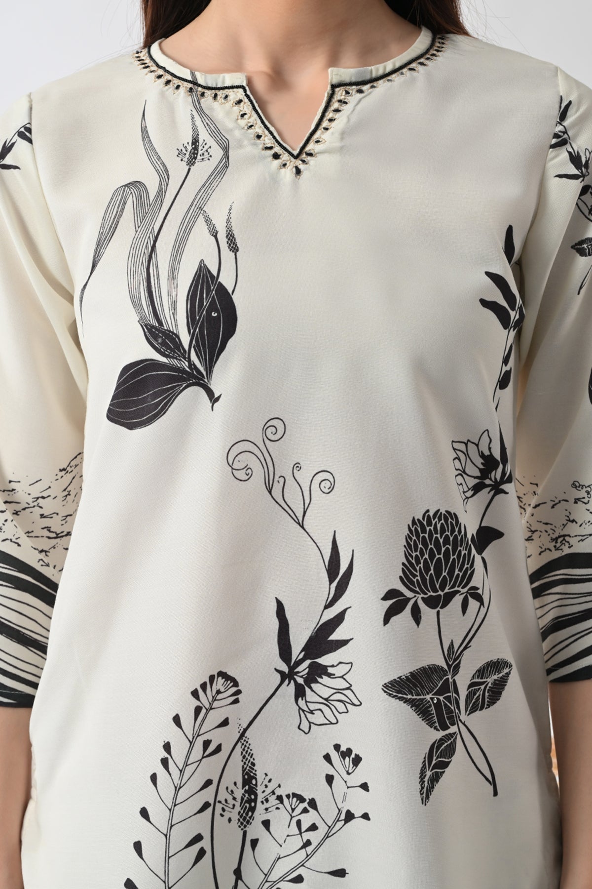 Cream Printed Kurta 3 Pcs Set