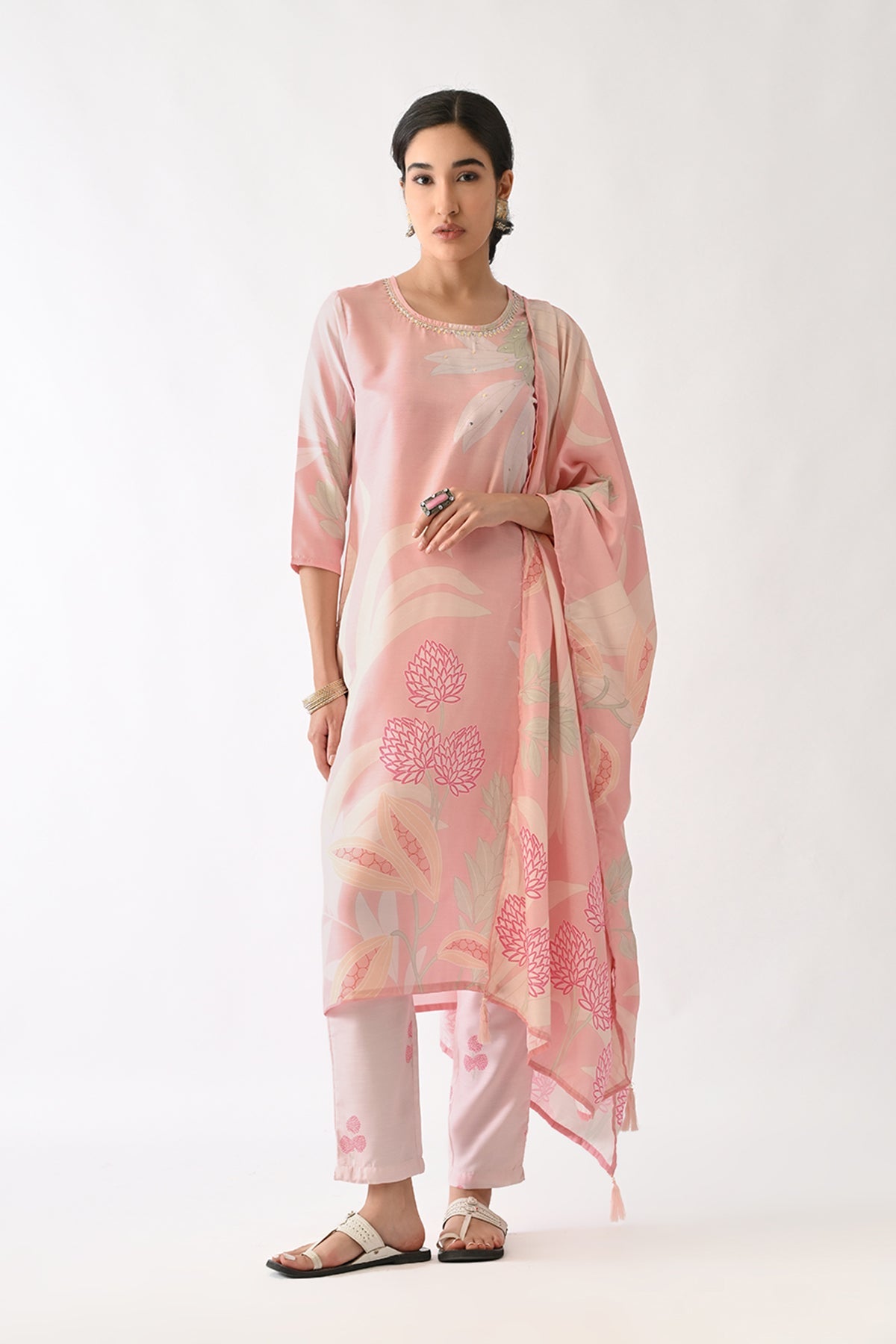 Soft Pink Printed Kurta 3 Pcs Set