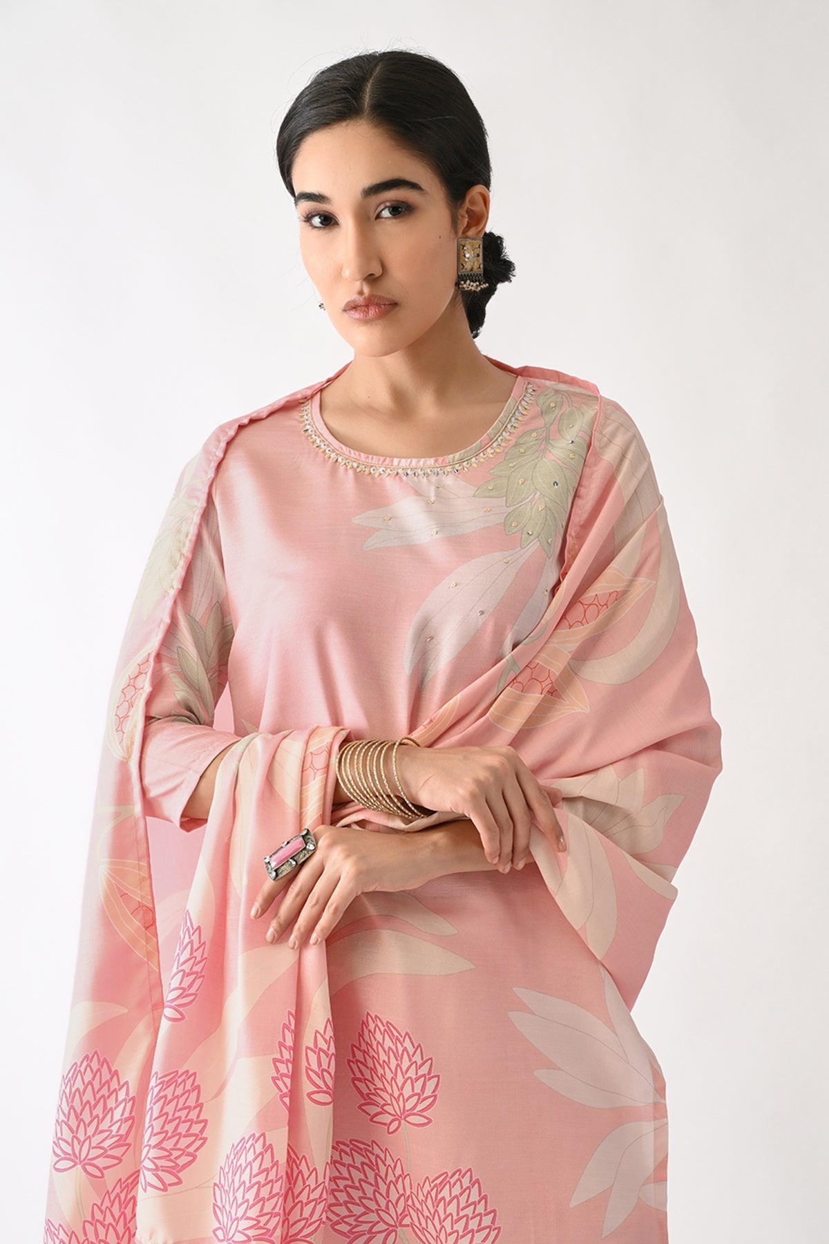 Soft Pink Printed Kurta 3 Pcs Set
