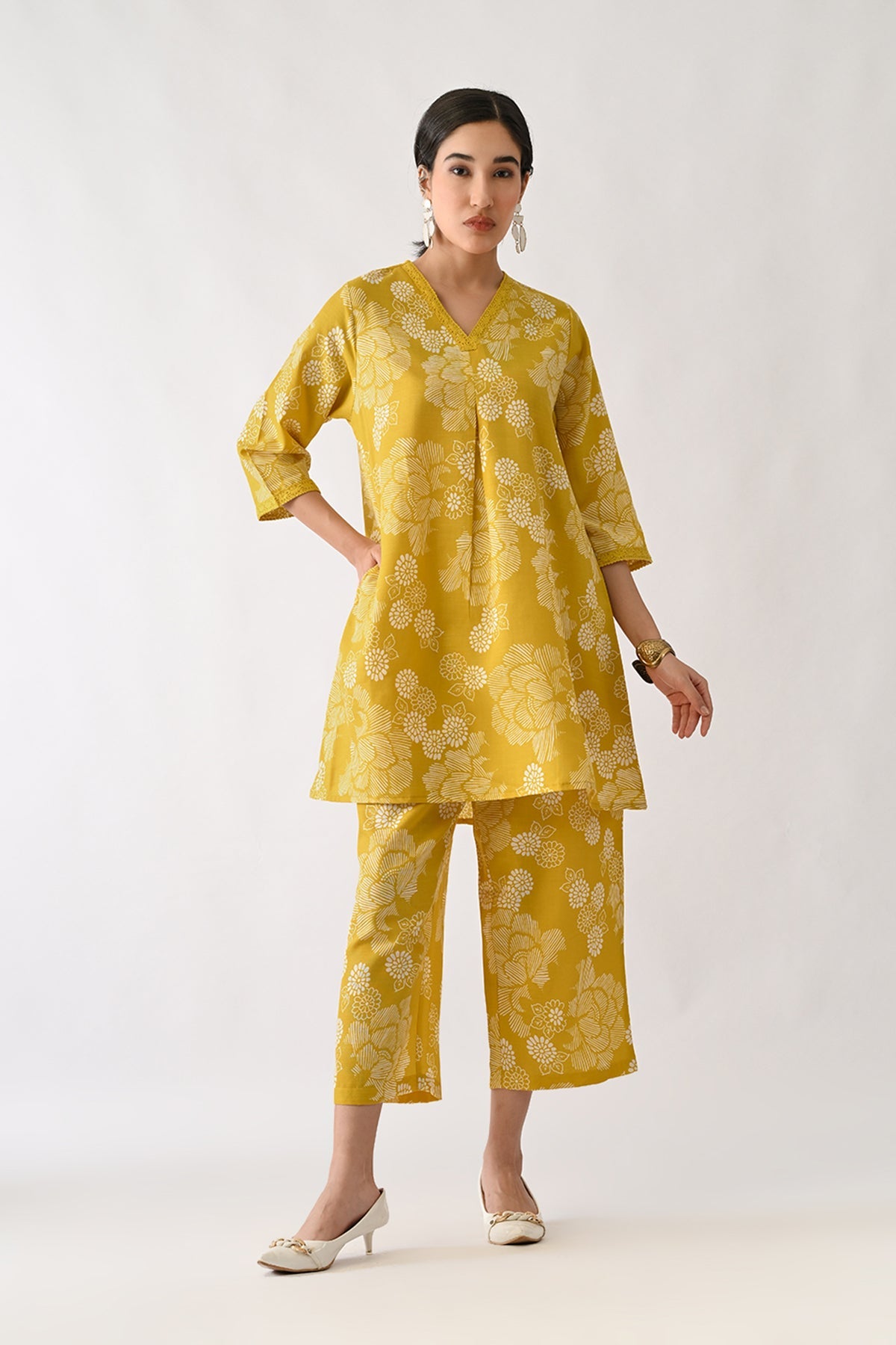 Yellow Printed A-line Kurta 2 Pcs Set