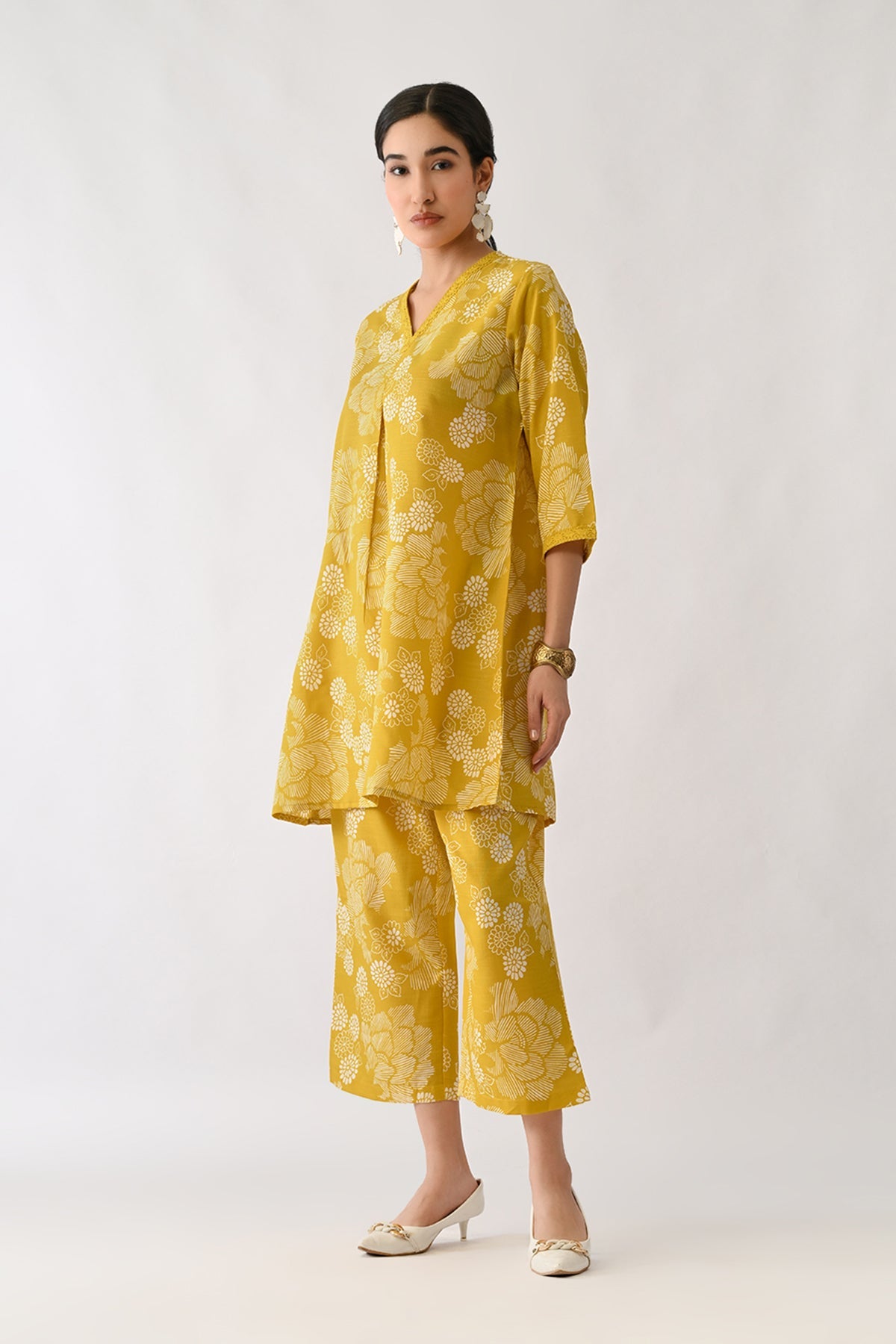 Yellow Printed A-line Kurta 2 Pcs Set
