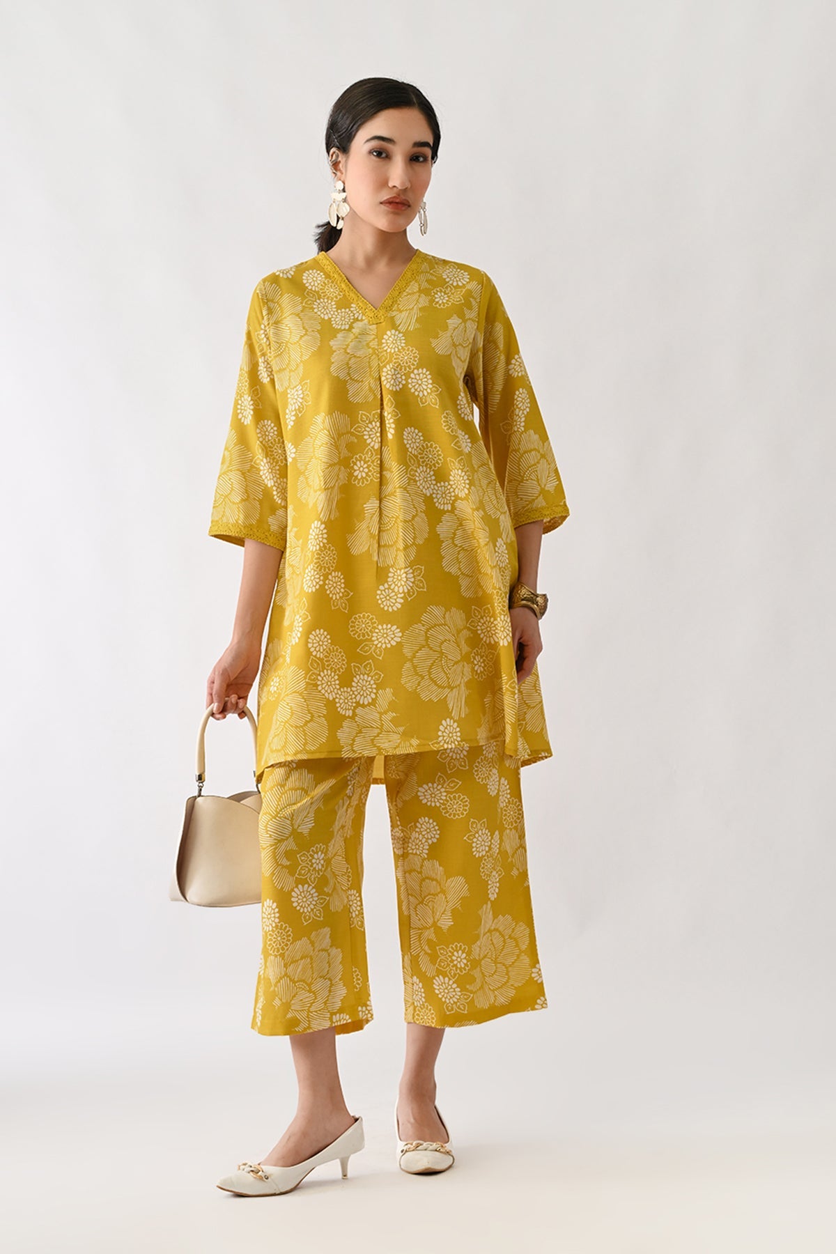 Yellow Printed A-line Kurta 2 Pcs Set
