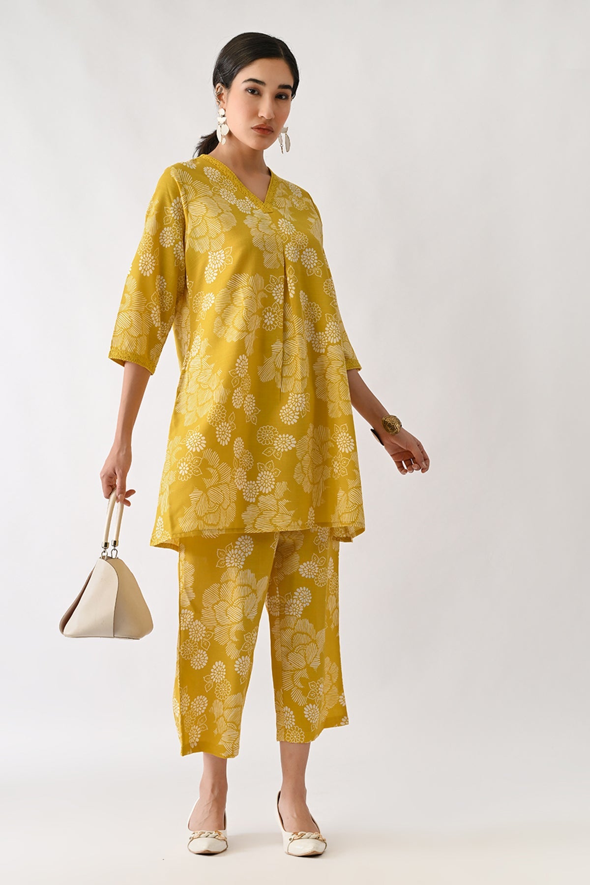 Yellow Printed A-line Kurta 2 Pcs Set