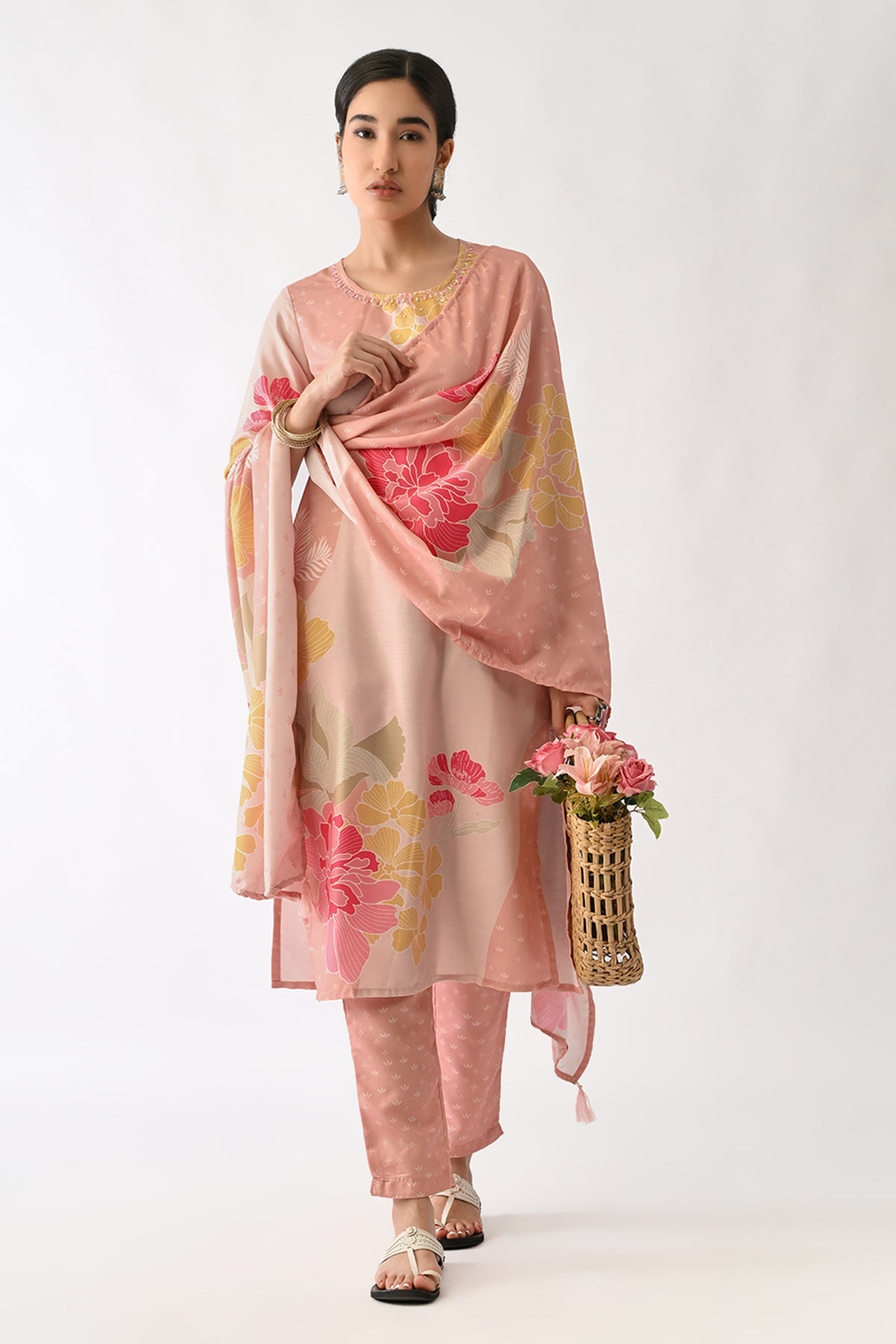 Baby Pink Printed Kurta 3 Pcs Set