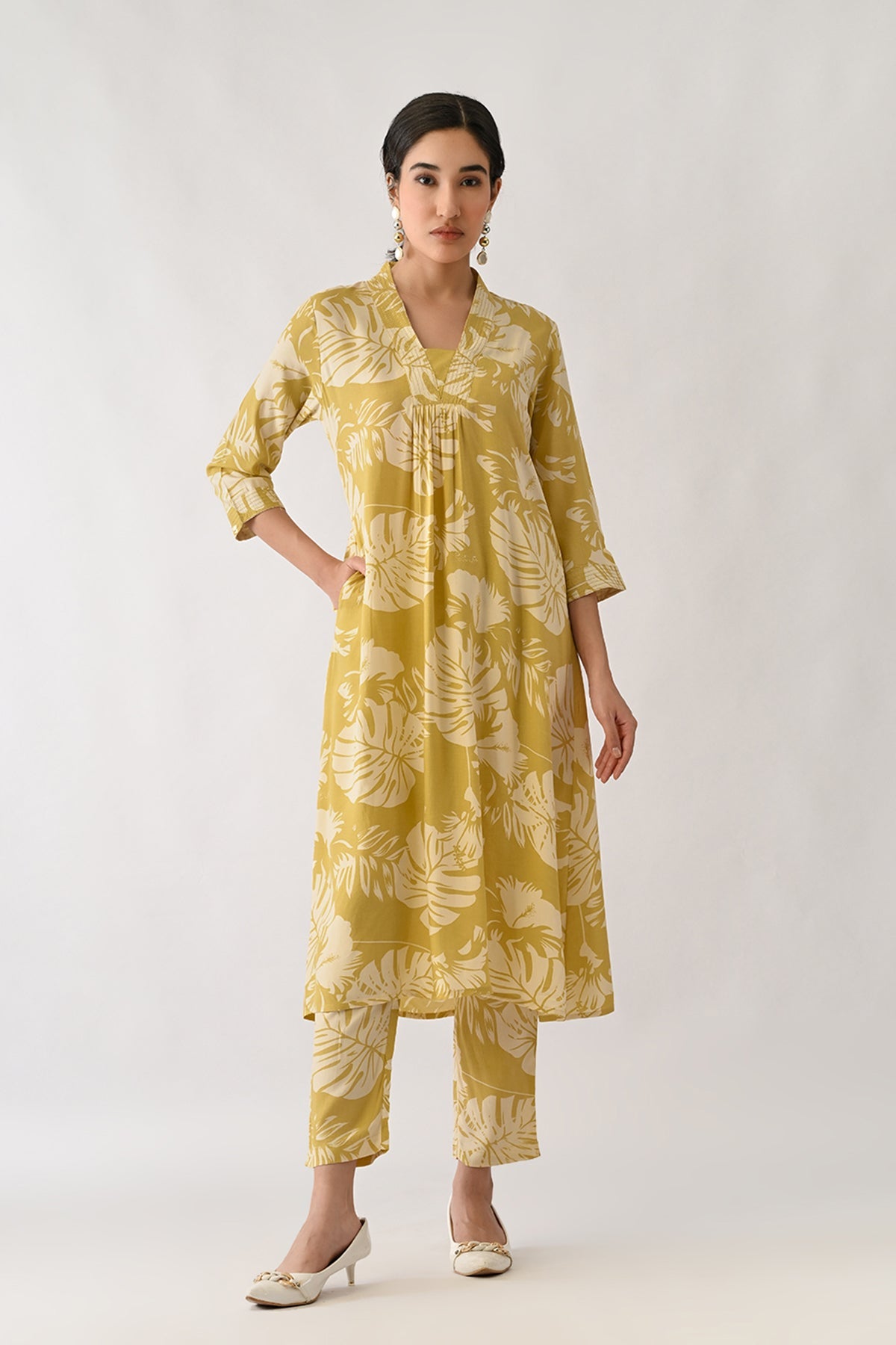 Yellow Printed A-line Kurta 2 Pcs Set