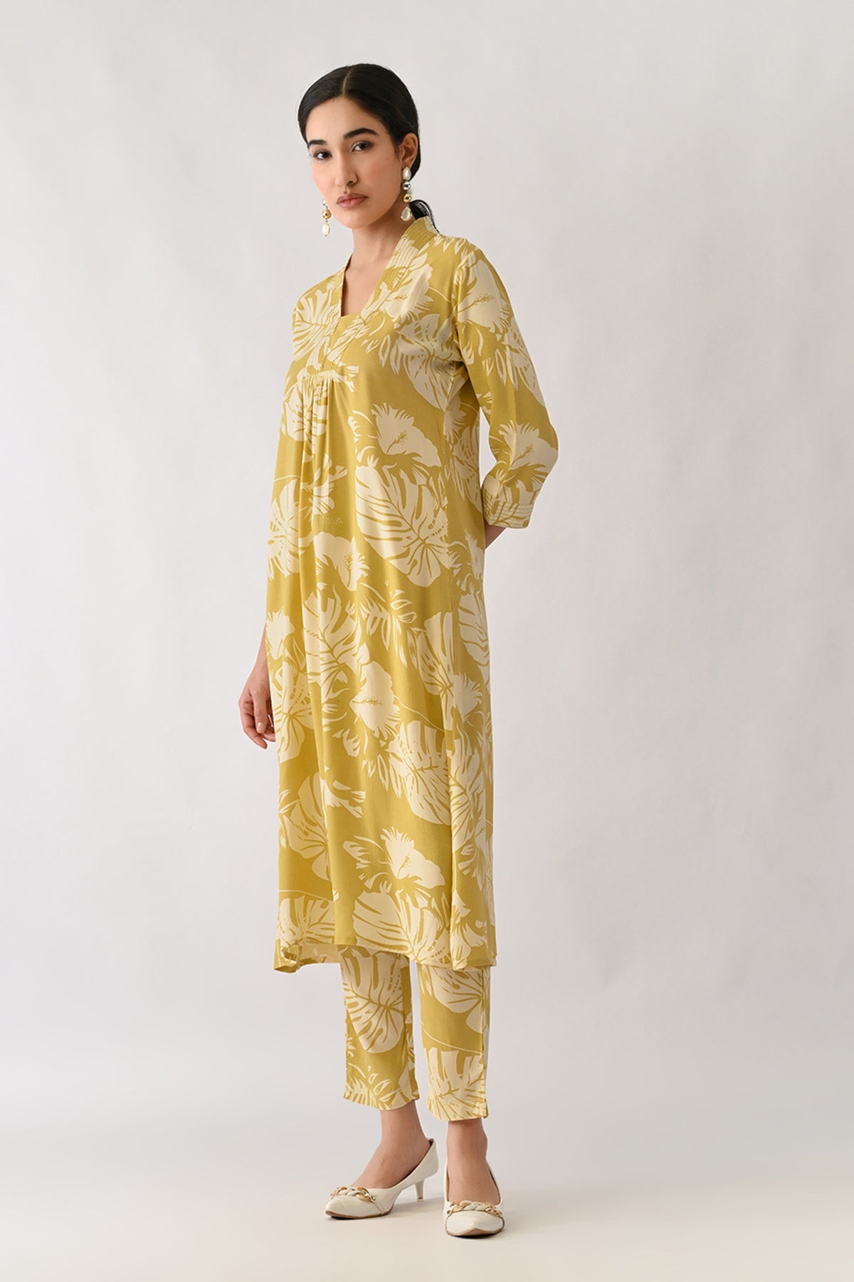 Yellow Printed A-line Kurta 2 Pcs Set