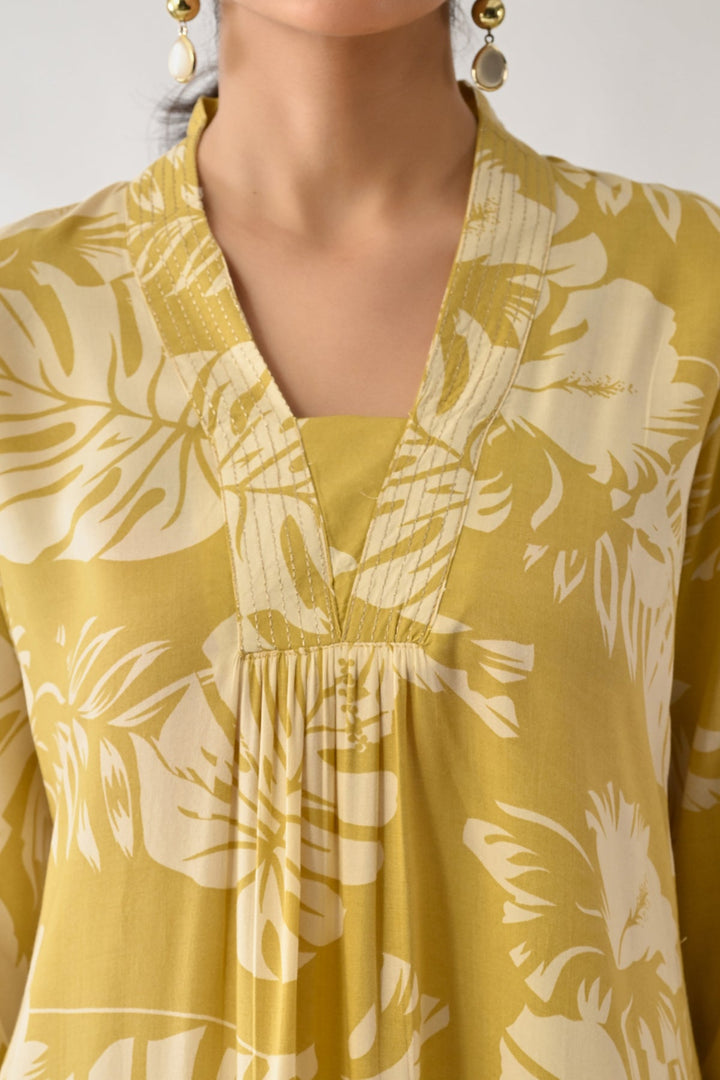 Yellow Printed A-line Kurta Set(2 Piece)