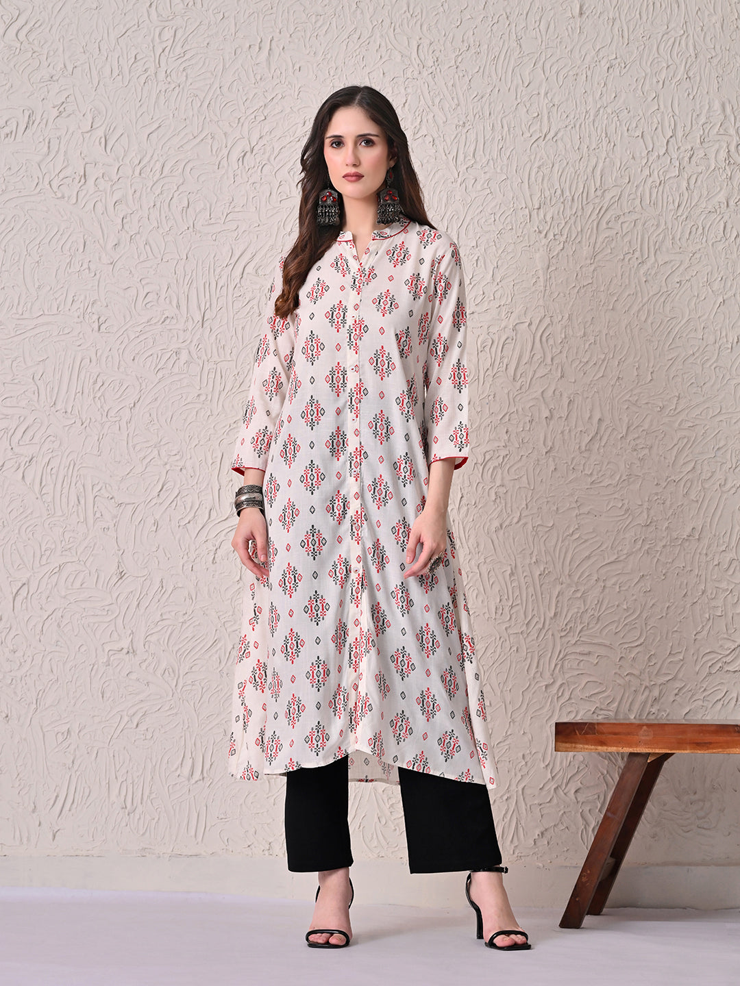 Cream Printed A-line Kurta