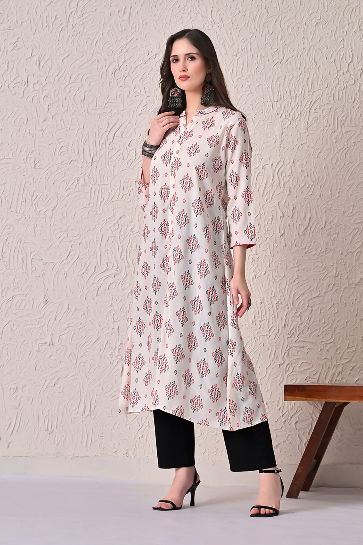 Cream Printed A-line Kurta