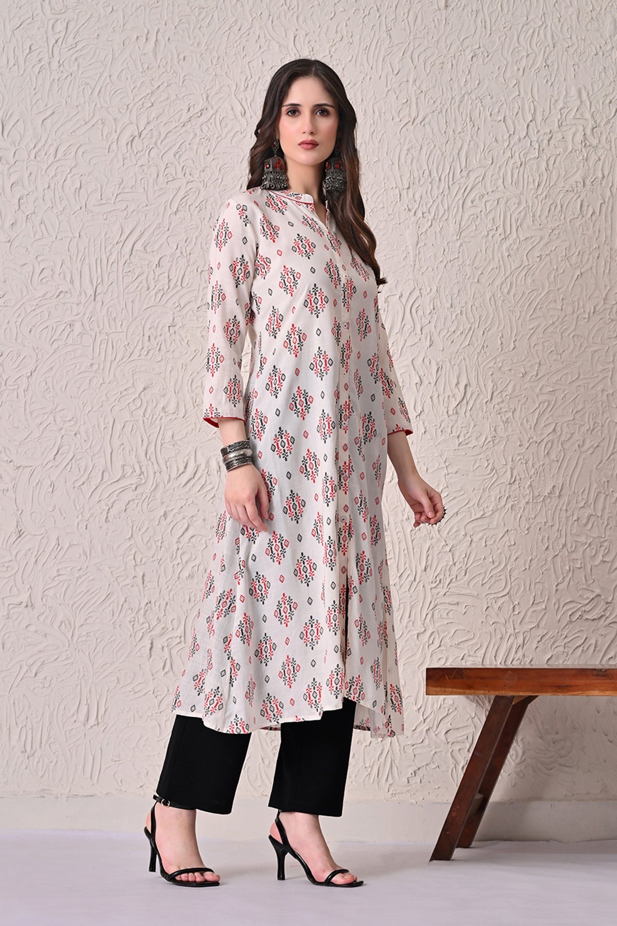 Cream Printed A-line Kurta