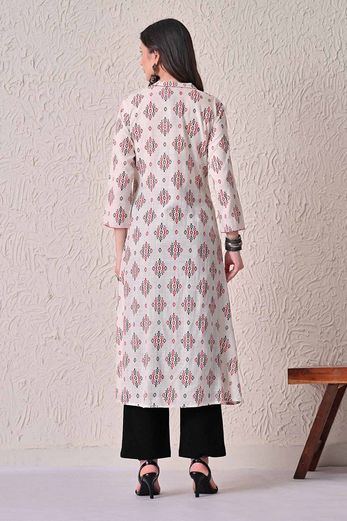 Cream Printed A-line Kurta