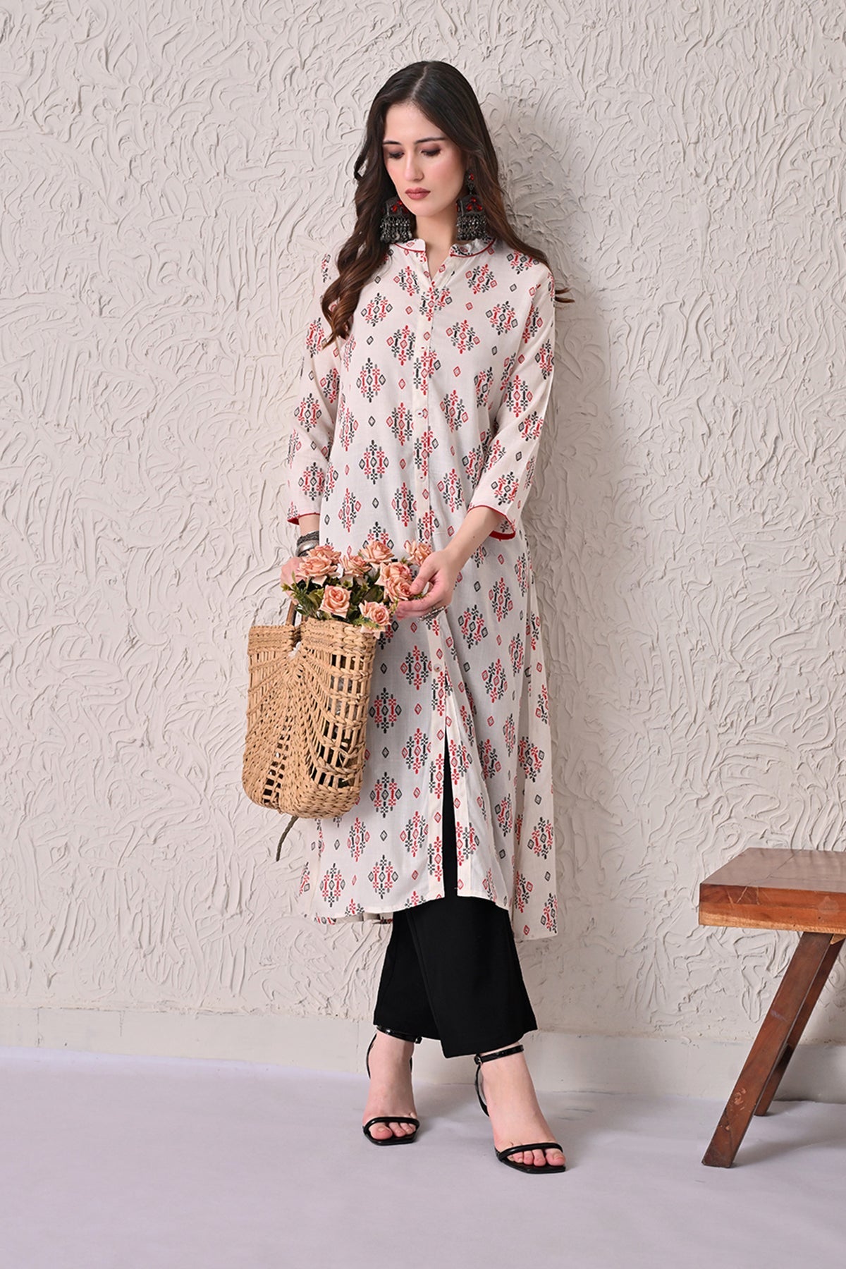 Cream Printed A-line Kurta