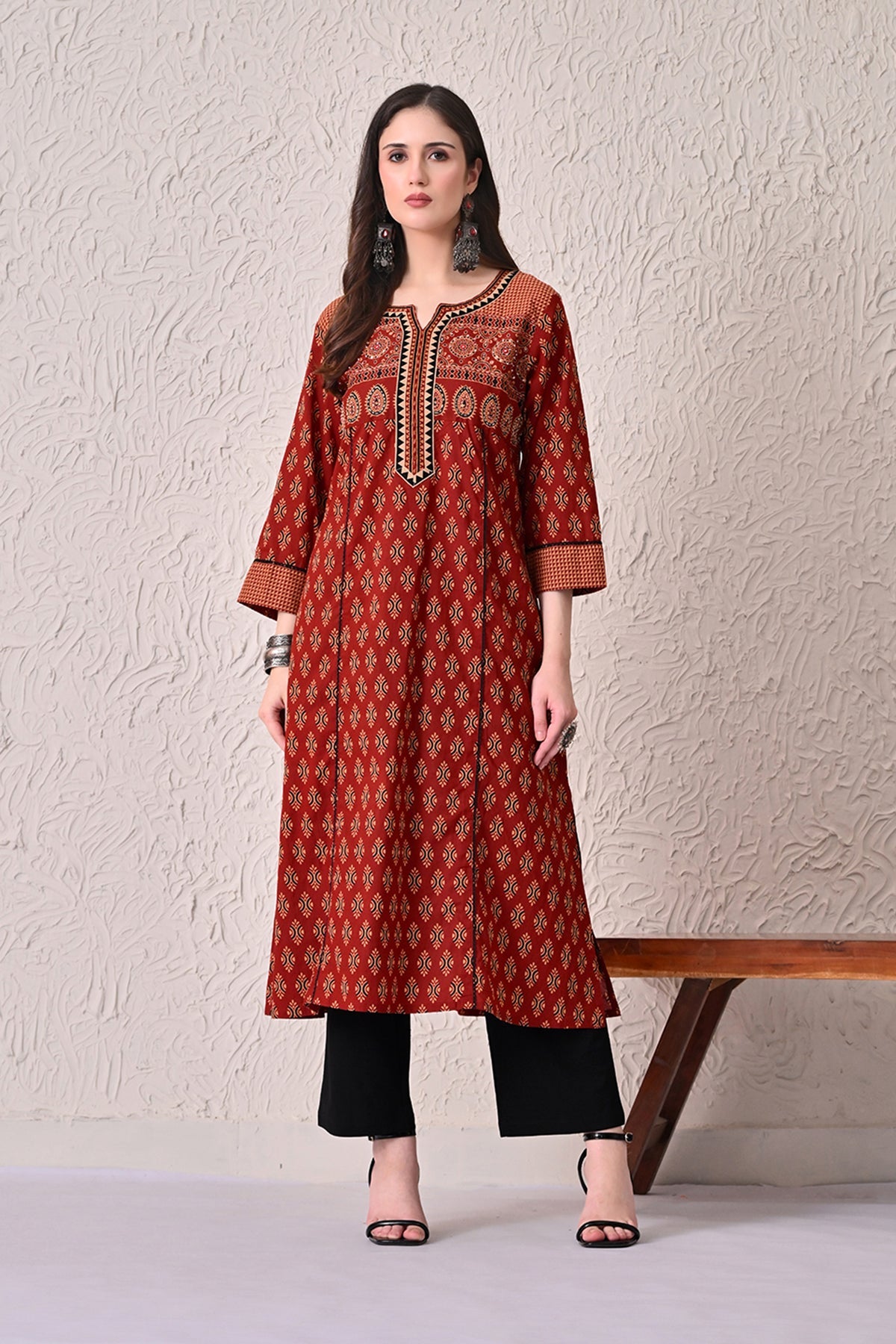 Rust A-line Printed Kurta