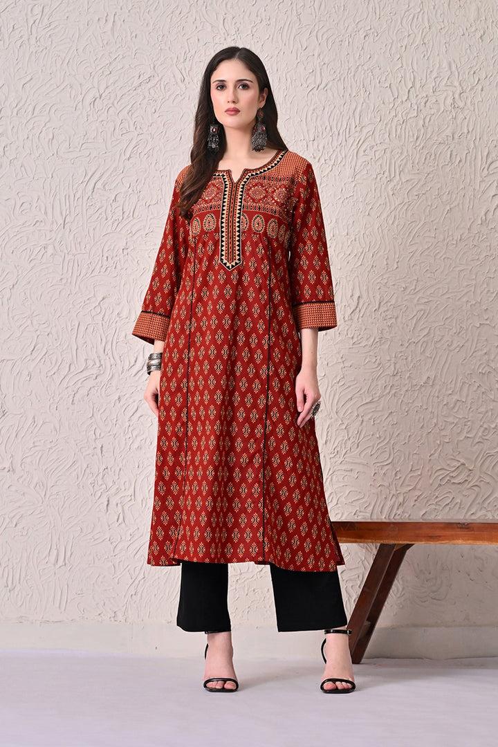 Rust A-line Printed Kurta