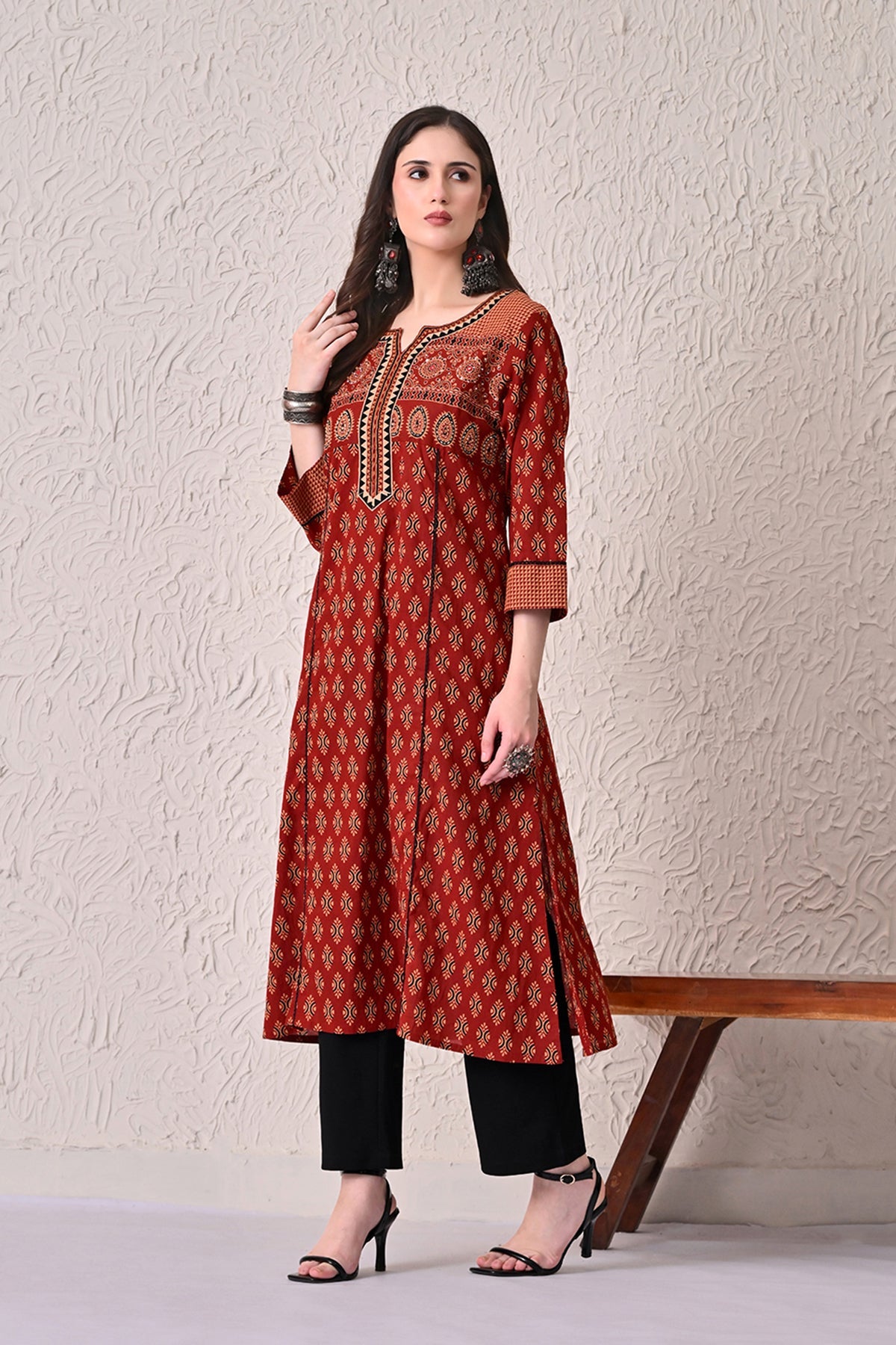 Rust A-line Printed Kurta