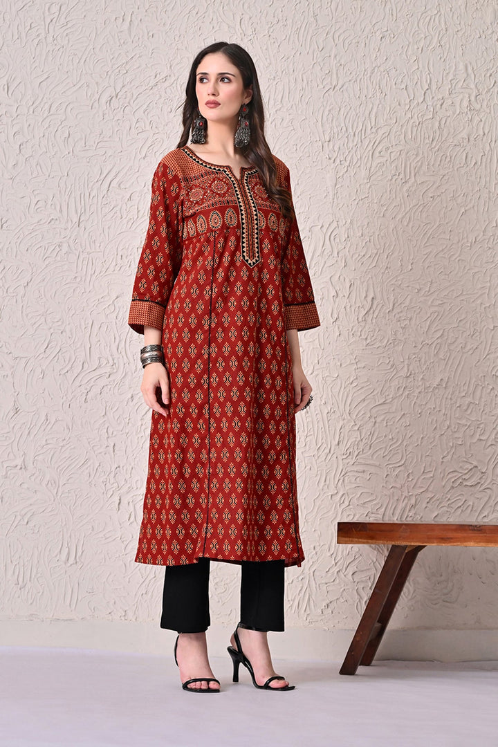 Rust A-line Printed Kurta