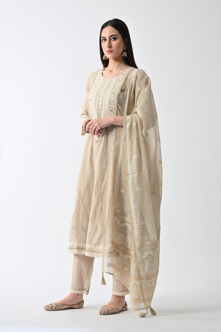 Cream Embellished Flared Kurta Set (3 Piece)