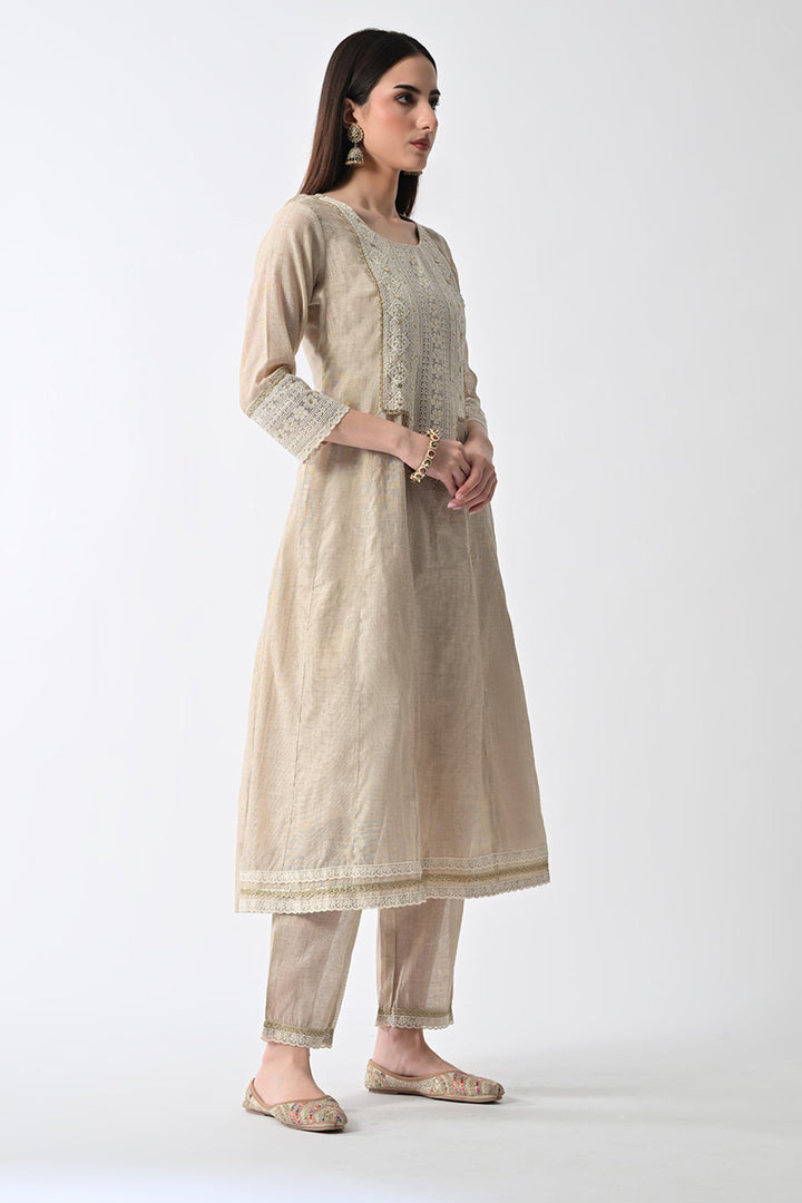 Cream Embellished Flared Kurta Set (3 Piece)