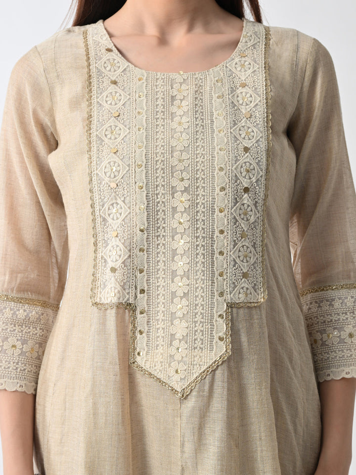 Cream Embellished Flared Kurta Set (3 Piece)