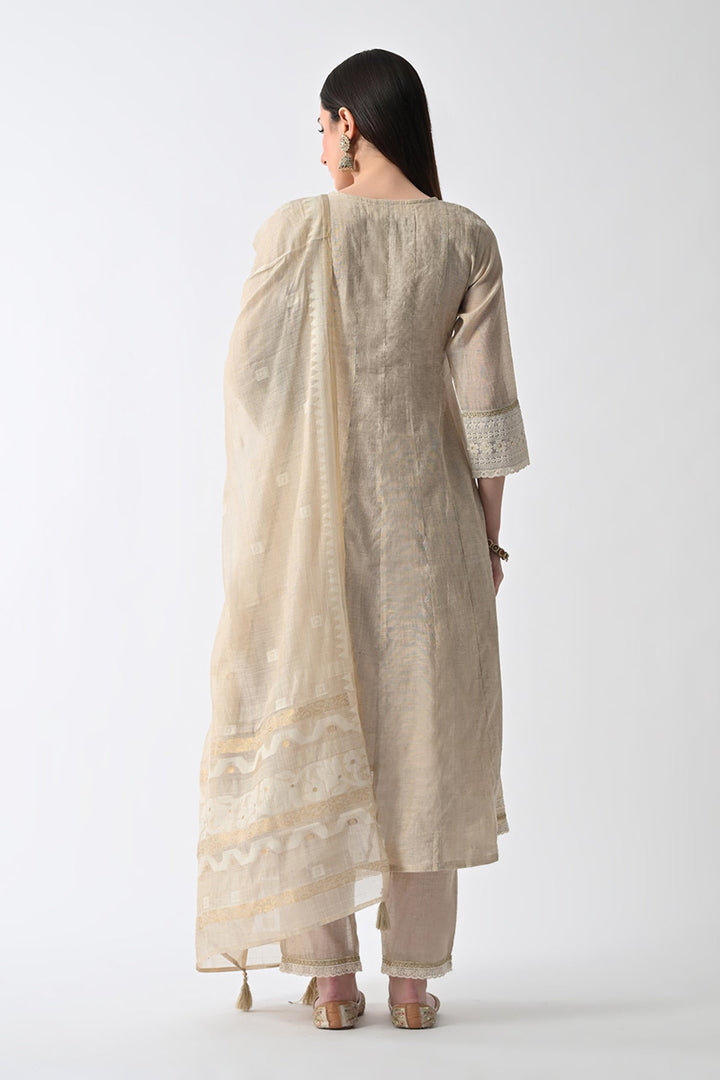 Cream Embellished Flared Kurta Set (3 Piece)