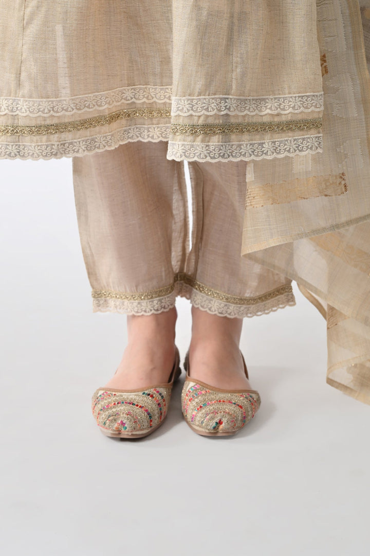 Cream Embellished Flared Kurta Set (3 Piece)