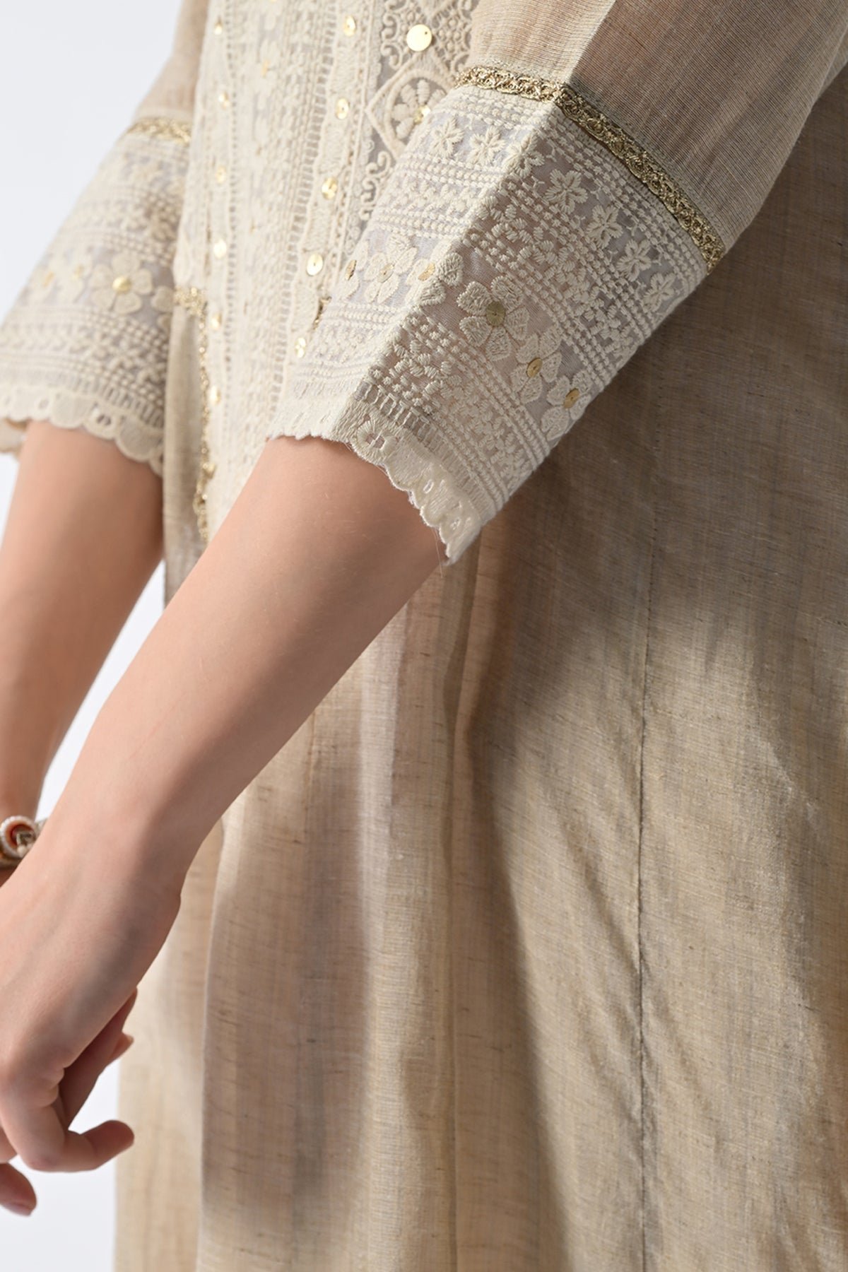 Cream Embellished Flared Kurta 3 Pcs Set